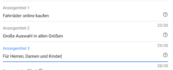 Anzeigentitel 1 bis 3 mit je 30 Zeichen