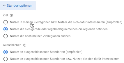 Standortoptionen der Nutzer